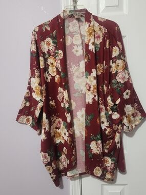 Crepas Floral Open-Front Kimono Sweater Cardigan - Burgundy